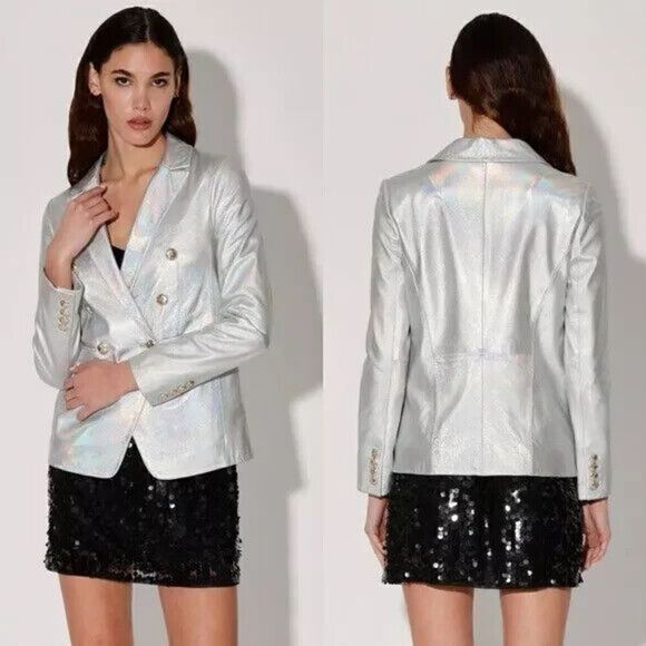 NWT Walter Baker Marley Leather Silver Metallic Double Breasted Blazer Medium - Picture 1 of 8